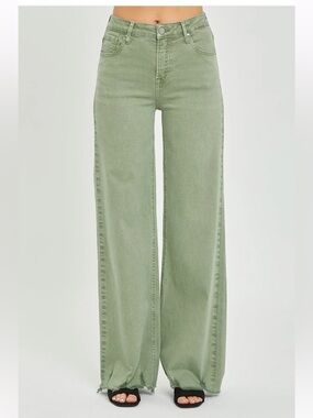 Risen Jeans High Rise Fray Wide Leg Olive Jeans NWT
